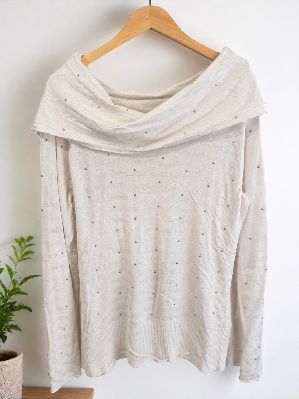 White Off-Shoulder Lightweight Sweater with Stud Detail